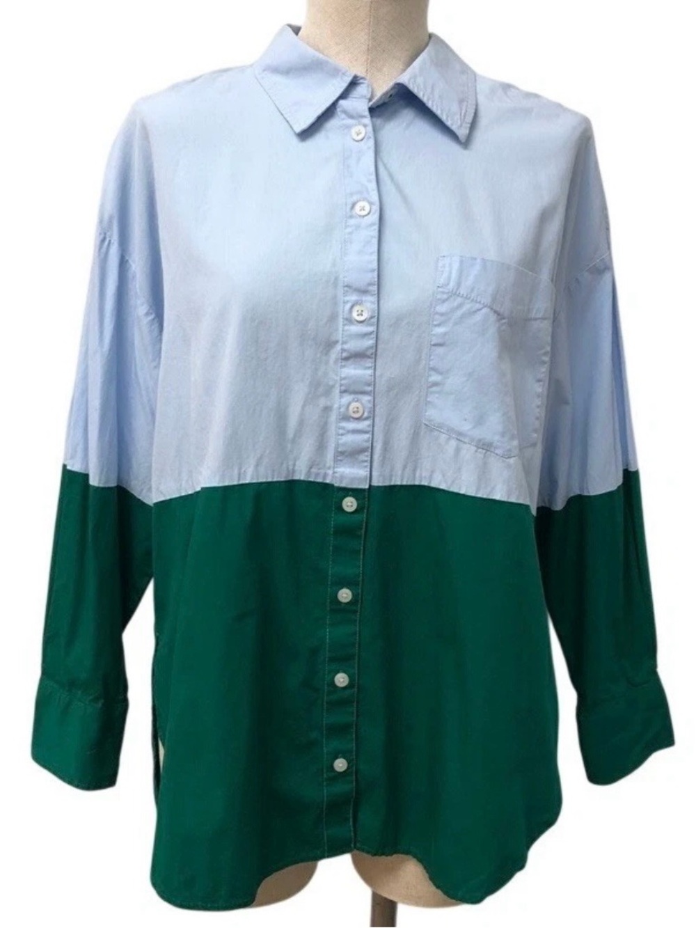Maeve Button Down Shirt Womens Small Blue Green Colorblock Long Sleeve Preppy